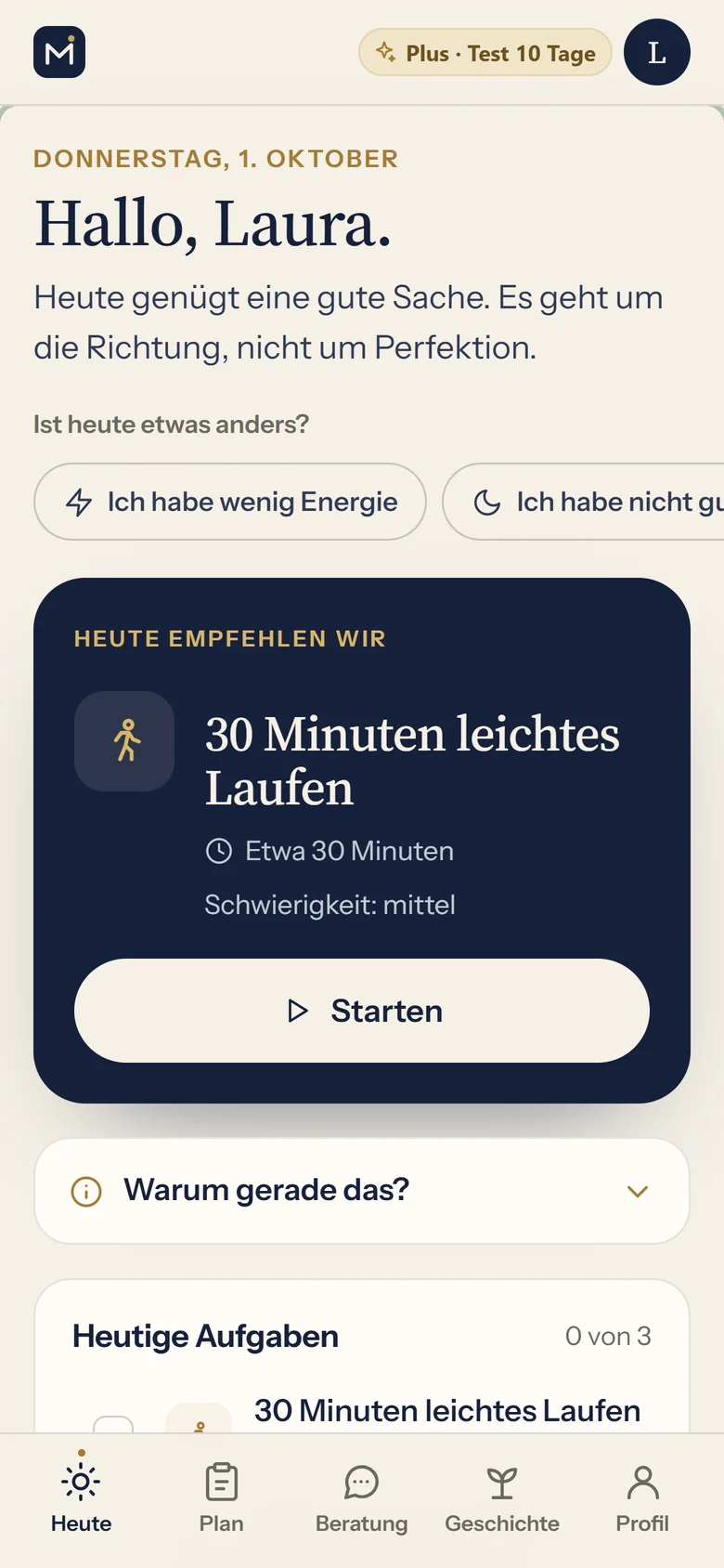 Mentorio auf dem Handy: der heutige empfohlene Schritt und die Aufgaben des Tages