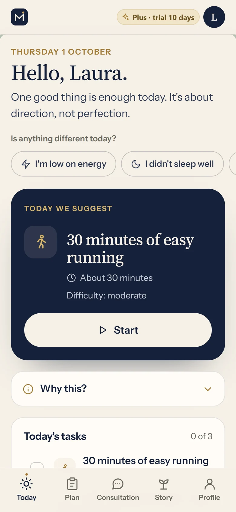 Mentorio on a phone: today's recommended step and tasks for the day