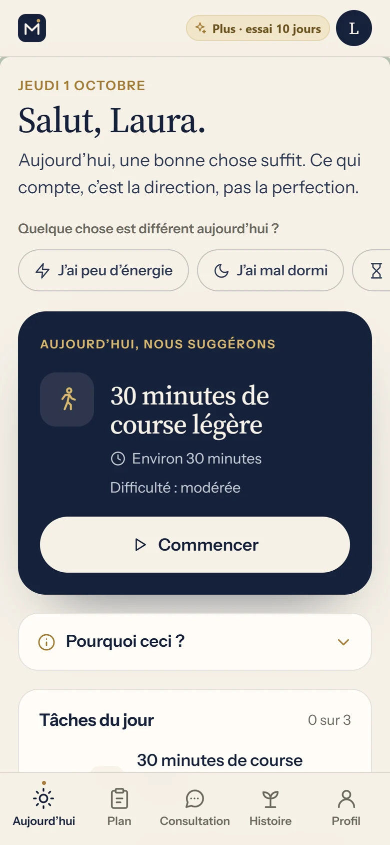 Mentorio sur mobile : le pas recommandé du jour et les tâches de la journée