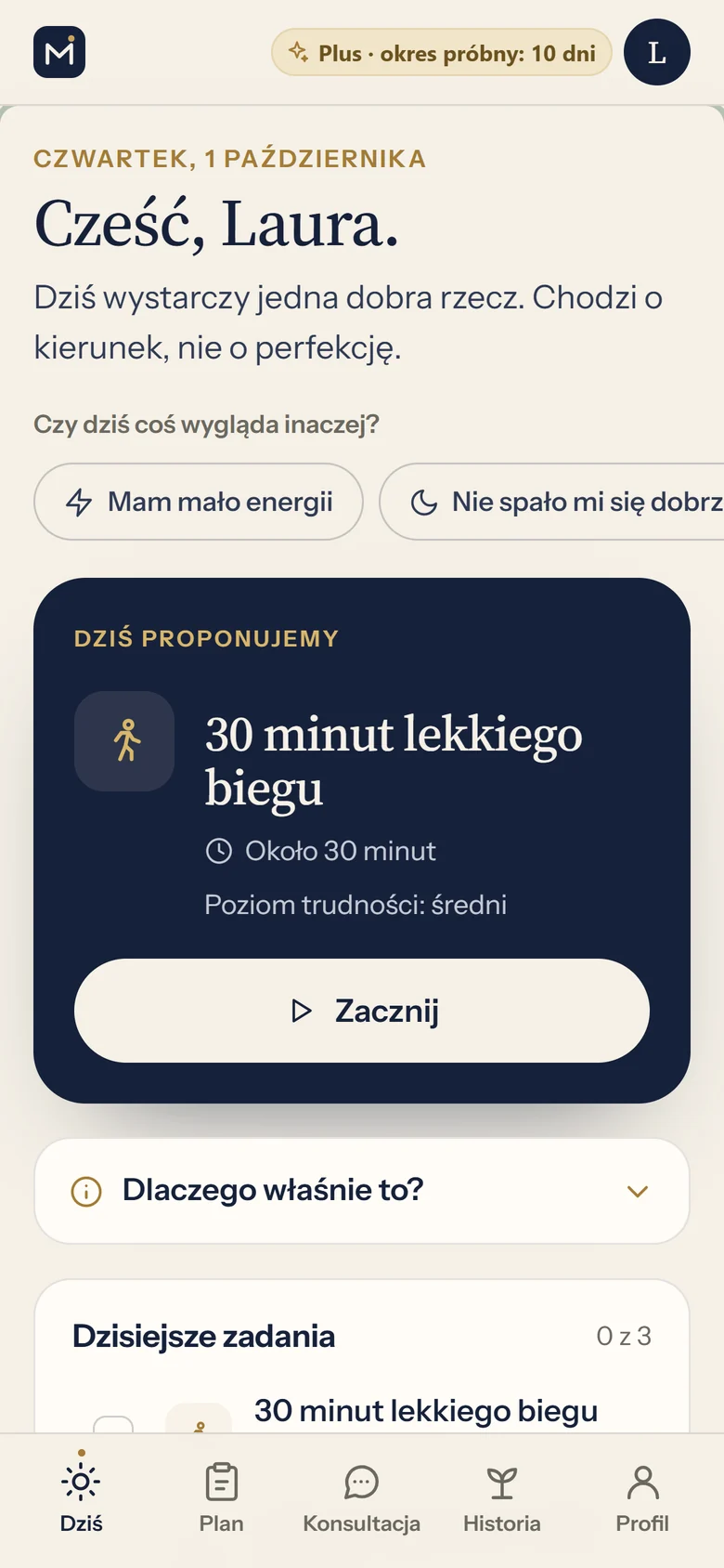 Mentorio w telefonie: dzisiejszy polecany krok i zadania na dzień